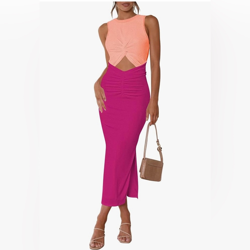 Pink color block body con dress